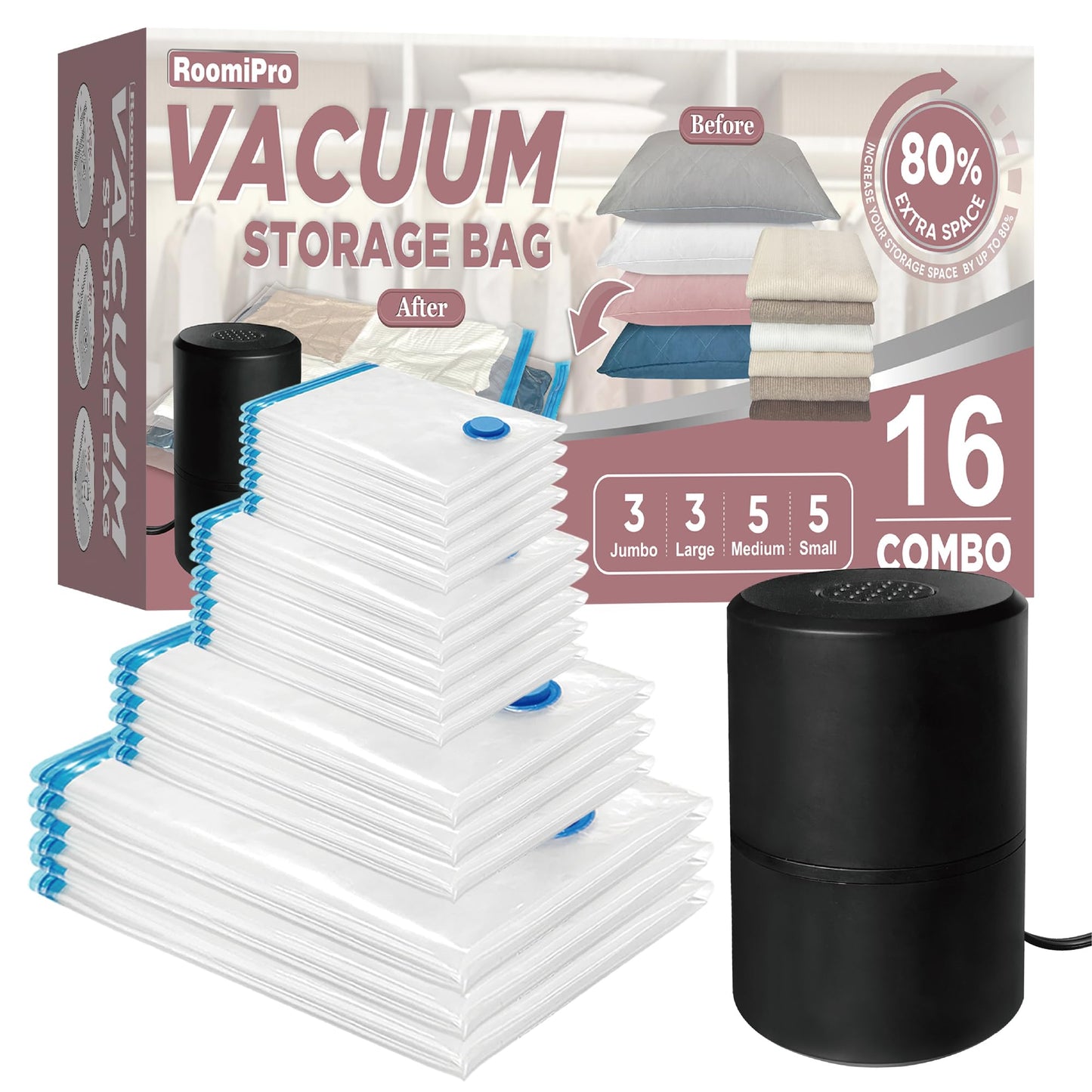 Roomipro Vacuum Storage Bags with Electric Pump, 16 Pack (3 Jumbo/3 Large/5 Medium/5 Small), Space Saver Bags with Pump, Storage Vacuum Sealed Bags for Clothes, Comforters, Blankets, Bedding