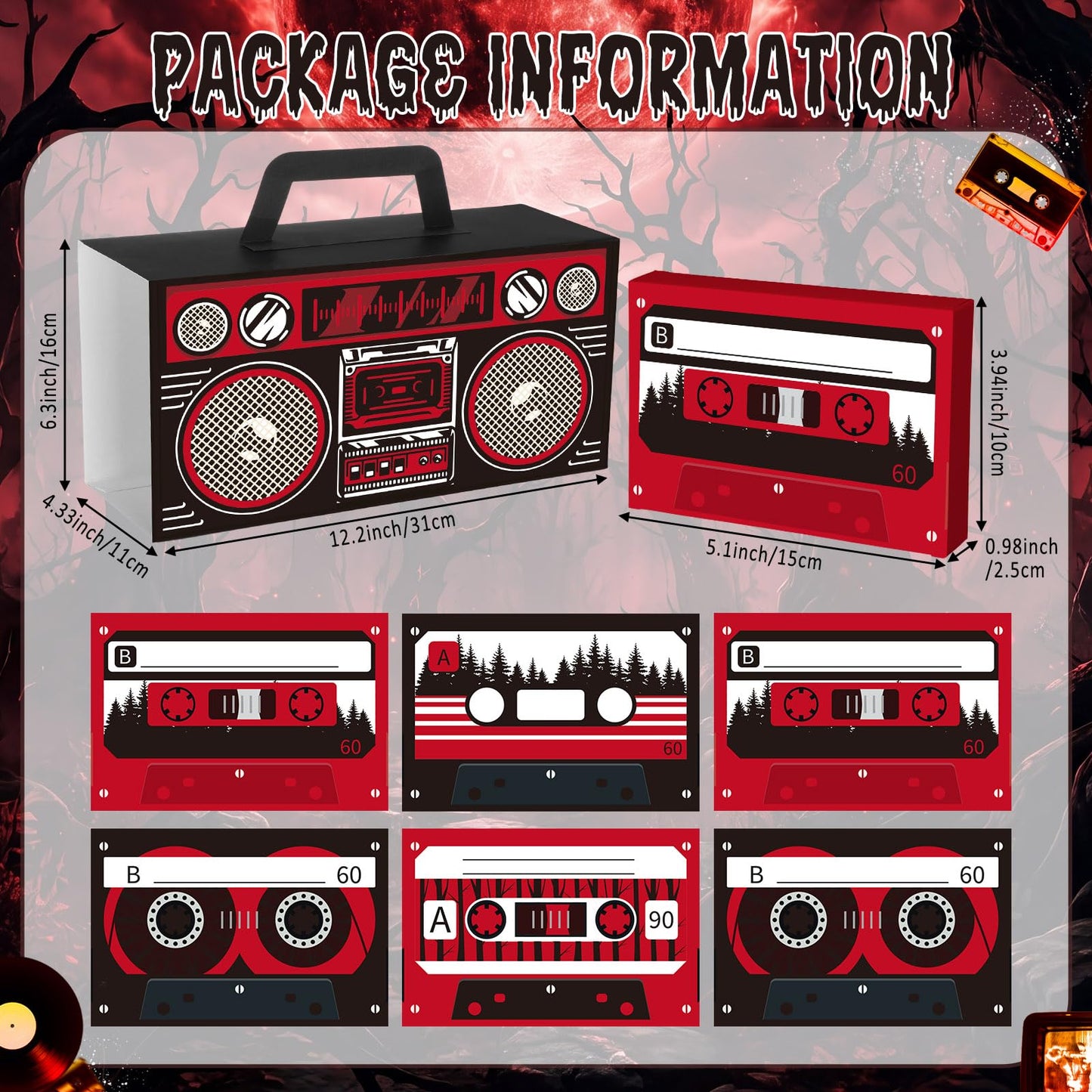 Gueevin 12 Pack Strange Birthday Party Supplies Cassette Tape Paper Gift Boxes for Candy Gift Packaging Strange Themed Birthday Party Decorations 80s 90s Retro Cartoon Treat Boxes