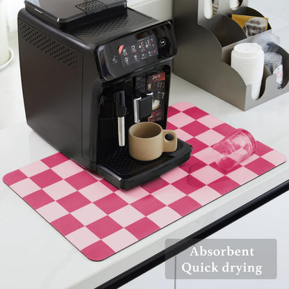 Ohocut Checkered Dish Drying Mat for Kitchen Counter, Coffee Bar Station Accessories, Retro Cute Girly Pink Aesthetic Modern Absorbent Drainer Mat Kitchen Drying Mat Easy Clean, Hot Pink 16" x 24"