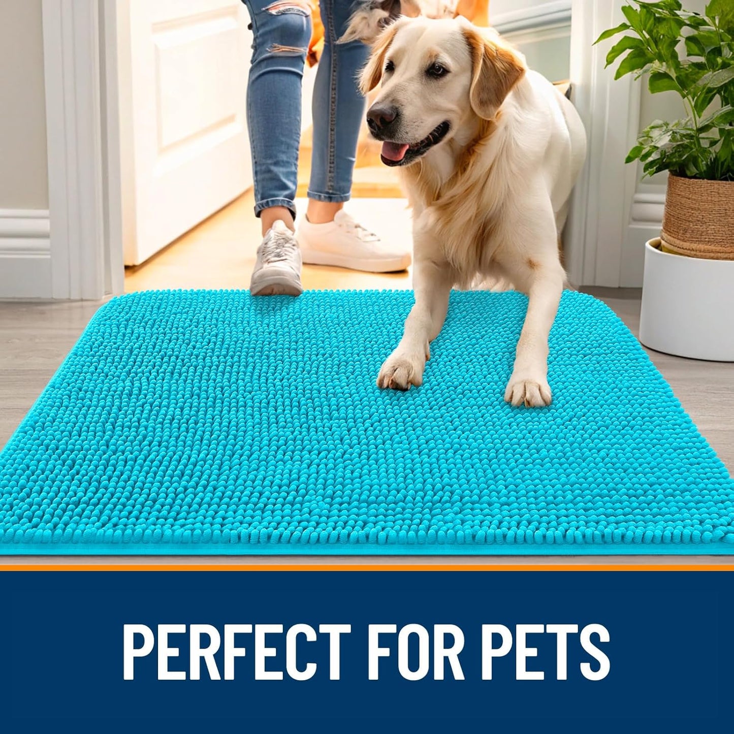 OLANLY Dog Door Mat - Absorbent Non-Slip Washable Doormat for Muddy Paws | 30x17 Inches, Aqua Blue