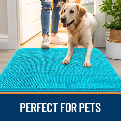OLANLY Dog Door Mat - Absorbent Non-Slip Chenille Mat for Muddy Paws | 59x20 Inches, Aqua Blue