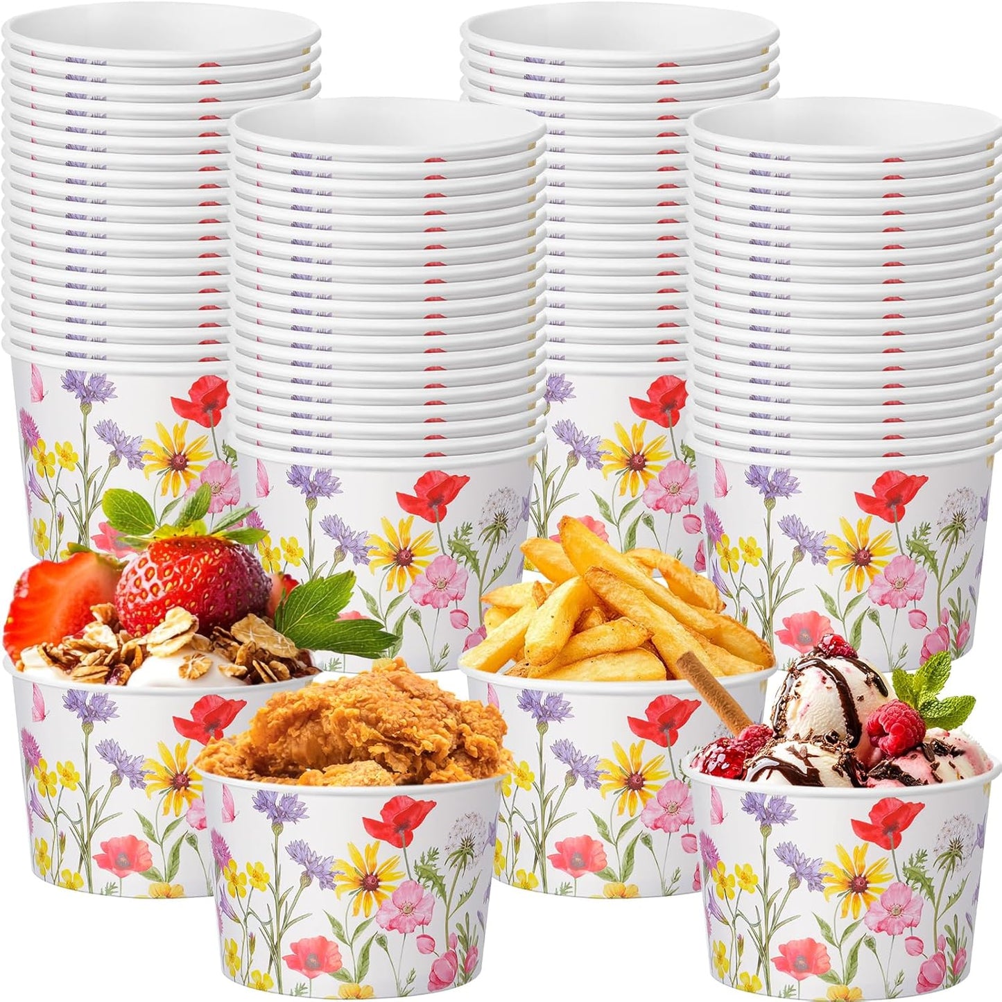 Hsei 60 16oz Pcs Floral Disposable Soup Bowls Ice Cream Cups Flowers Snack Paper Bowls Wildflower Dessert Sundae Yogurt