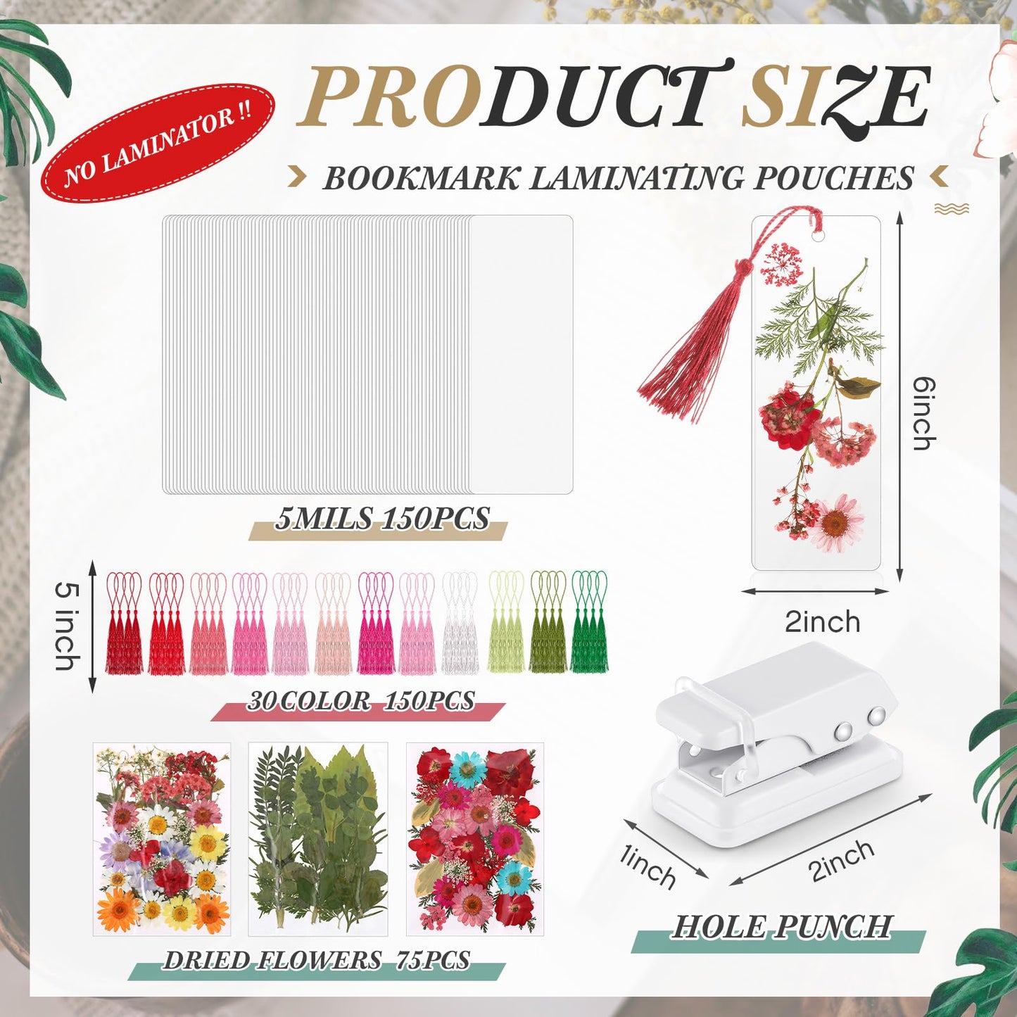 Fuyoooo 376 Pcs Dried Flower Bookmark Making Kit, DIY Bookmark Laminating Pouches with Tassels and Puncher, Handmade Craft Kit for Women, DIY Gifts for Book Lovers (Rainbow Color,2 x 6 Inch)