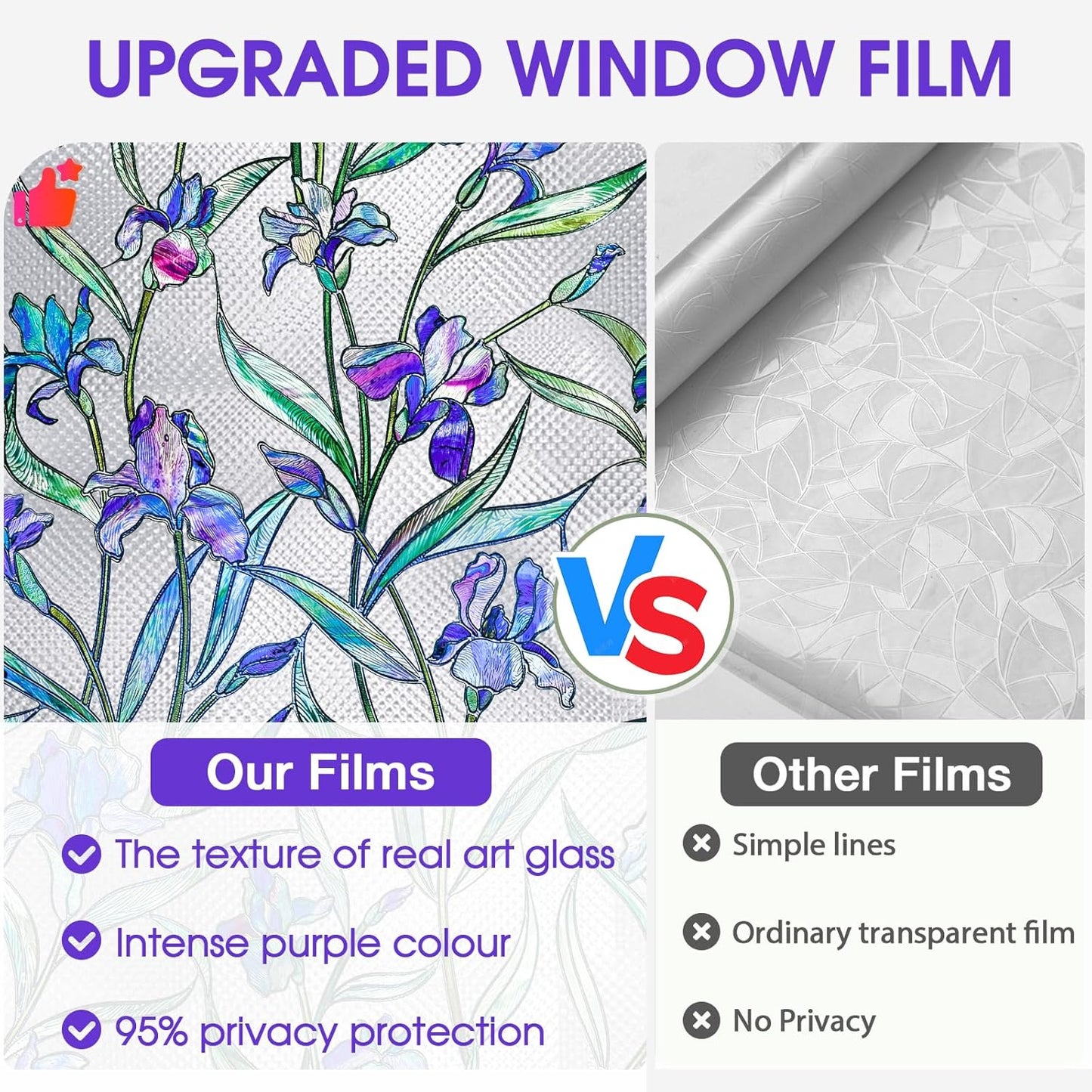 Coavas Stained Glass Window Privacy Film, 3D Violet Flower Static Cling Decals, 17 x 118.1 Inch, Bathroom Sun Heat
