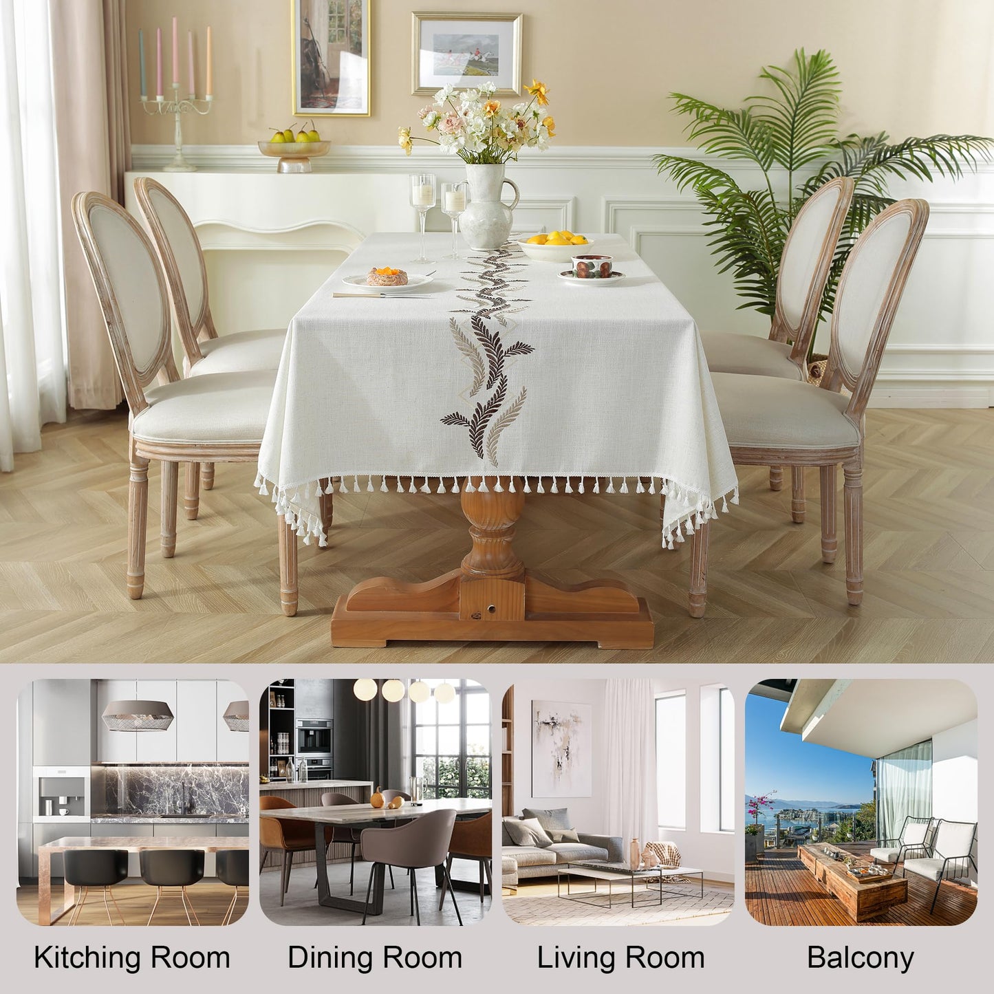 JIALE Tablecloths for Rectangle Tables, Cotton Linen Table Cloth Waterproof Tablecloth Wrinkle Free Farmhouse Dining Tables Cover, Soft Fabric Table Cloths with Tassels, Beige, 55" X 120", 10-12 Seats
