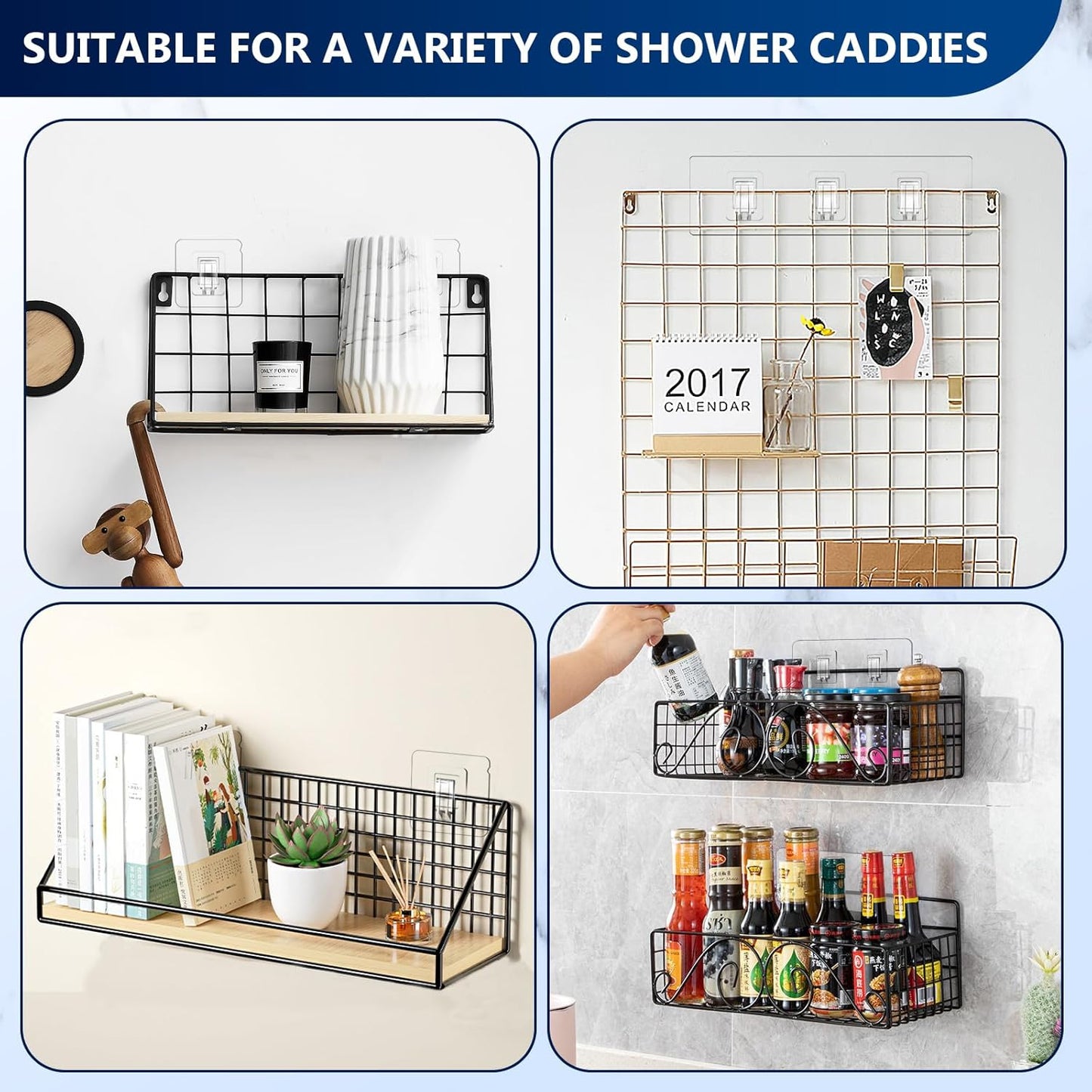 14 Pack Shower Caddy Replacement, Strong Adhesive Flat Hooks, Clear Waterproof Shower Shelf Strips for No Drilling