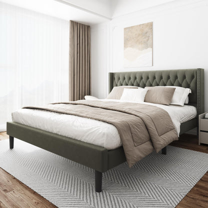 HAOARA King Size Bed Frame, Upholstered Platform Bed with Wingback Headboard, Velvet Button Tufted, Easy Assembly, No Box Spring Needed, Green