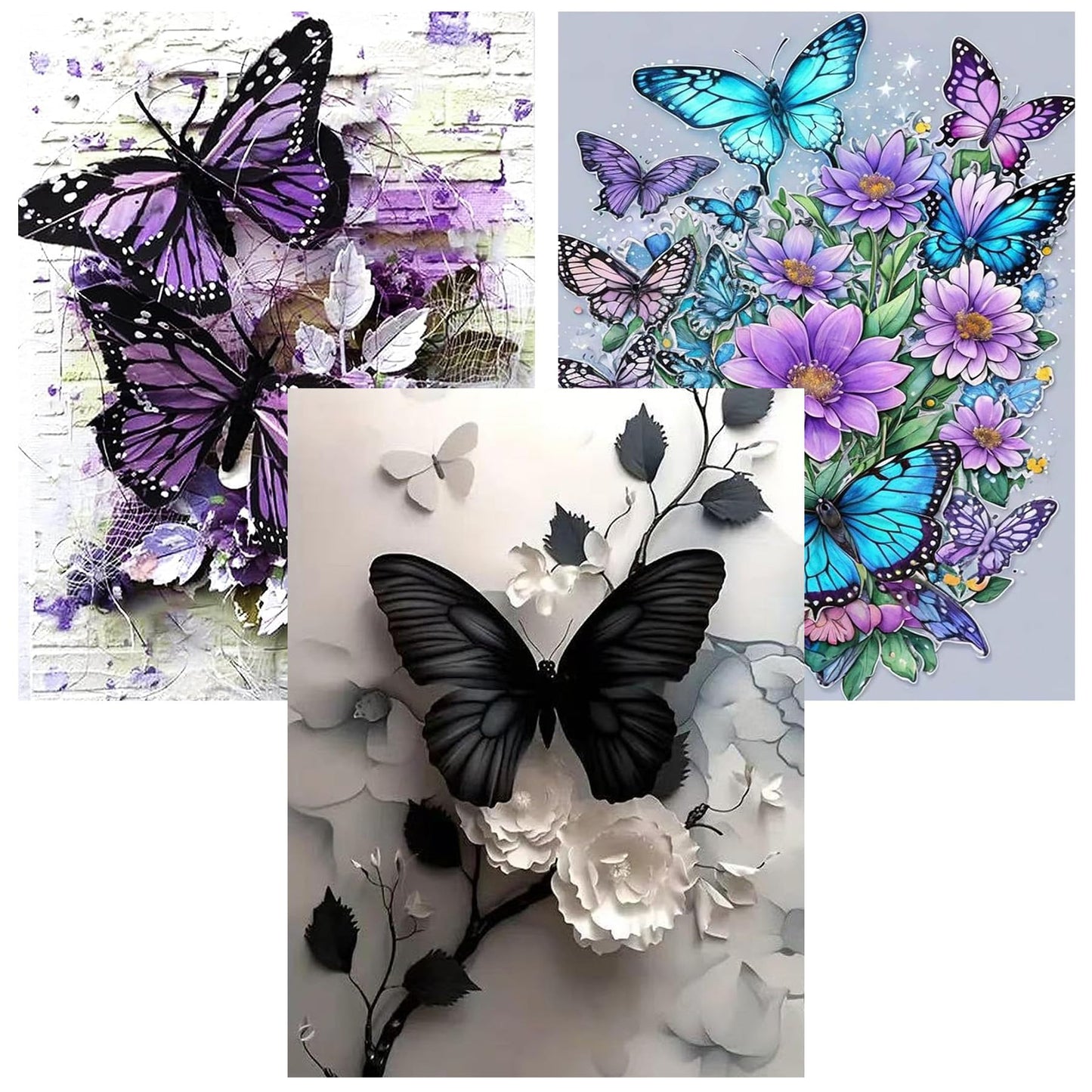 3 Pack Diamond Art Kits for Adults, Butterfly Flowers Diamond Painting Kits for Adults, 5D DIY Round Drill Gem Art Paint with Diamonds Dots Crafts Kits for Home Decor Gift 12x16inch