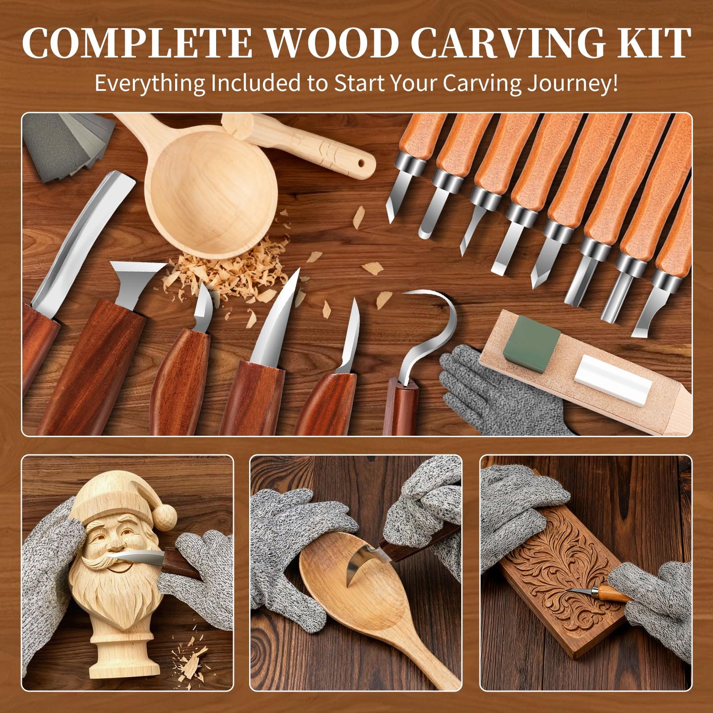 YOYUPETA Wood Carving Kit, 32-Piece Professional Whittling & Carving Tool Set with Walnut Handle Knives, Detail Gouges, Sharpening Stone, Strop, Basswood Blanks and Gloves for Adult Hobbyists & Craft