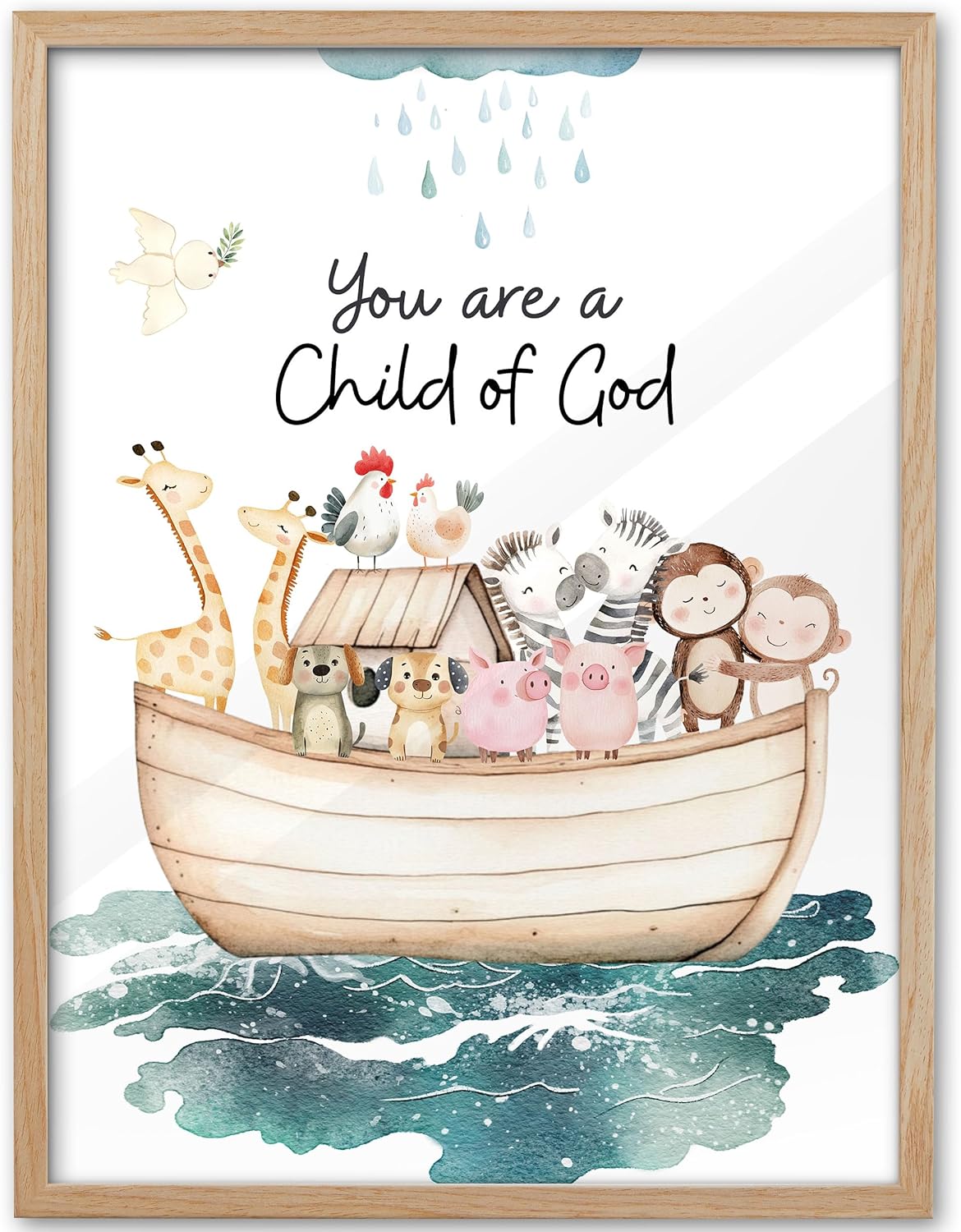 12x16 God,Set 1 KensTro Natural OAK Wood Noah Ark Framed Wall Art, in Being Loved By God,Ark Guardian Animal Christian
