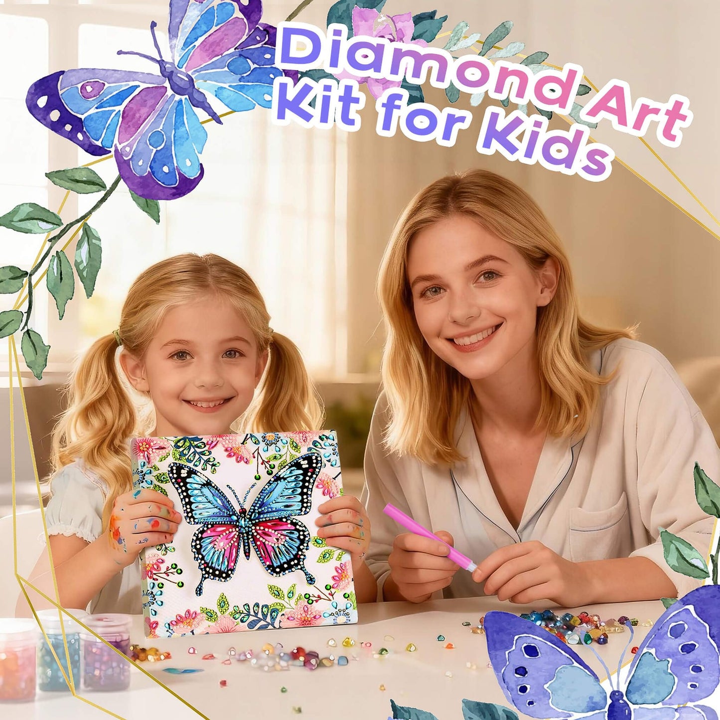 Arts and Crafts for Kids Age 8-12, 3D Pink Butterfly Diamond Art Kits, Gifts for Kids Age 6 7 8 9 10 with Plastic Easels DIY Gem Art Foldable Clear Butterfly Painting with Frame for Home Decor