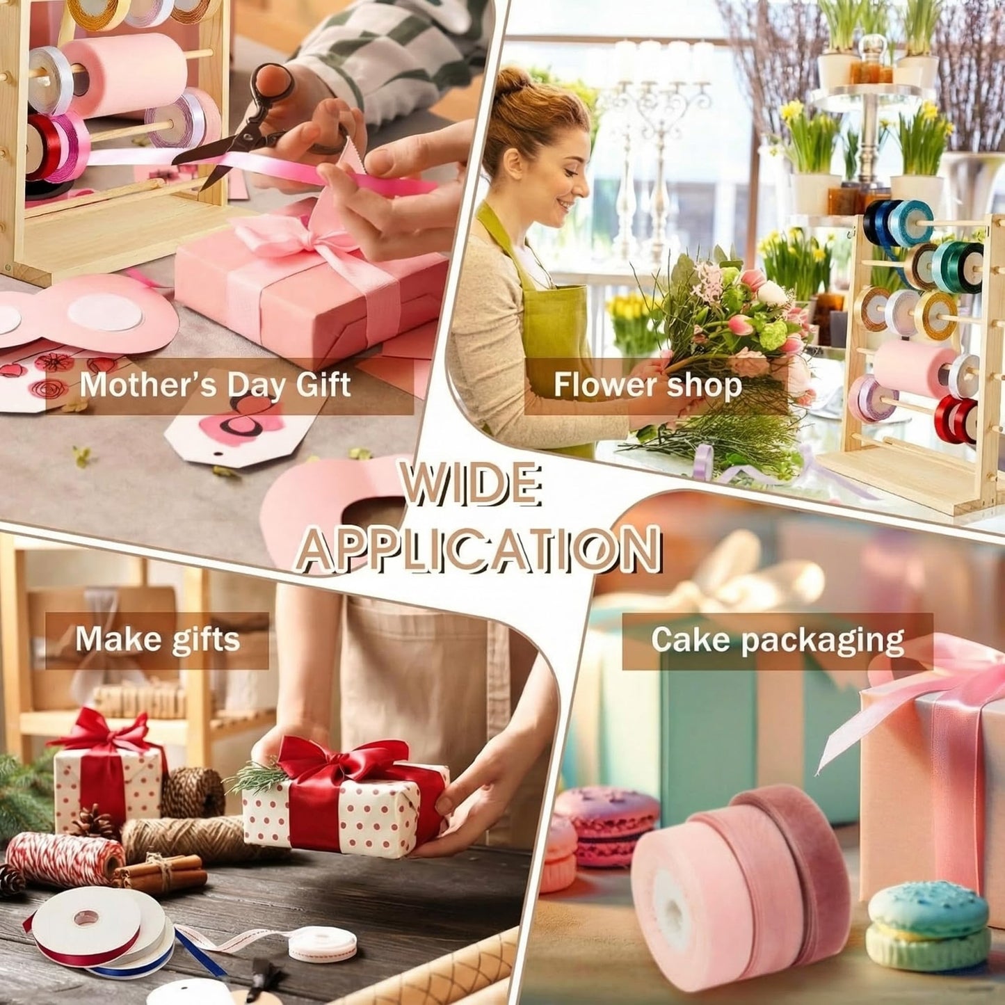 Menkxi 6 Tier Wooden Ribbon Organizer Ribbon Holder for Craft Room Storage Florist Spool Rack Wreath Making Supplies Gift Wrapping Organizer for Sewing Stabilizer Rolls Mothers Day Gift Spring Wedding