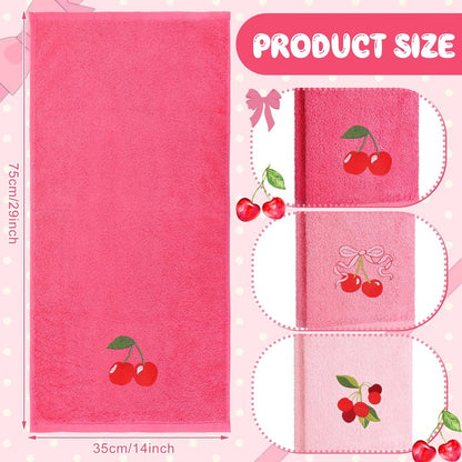 Tingjoo 3 Pcs Cherry Hand Towels 14x29 Inch Spring Summer Pink Preppy Bow Cherries Bathroom Decor Cotton Embroidered Soft Absorbent Towels for Bathroom Kitchen