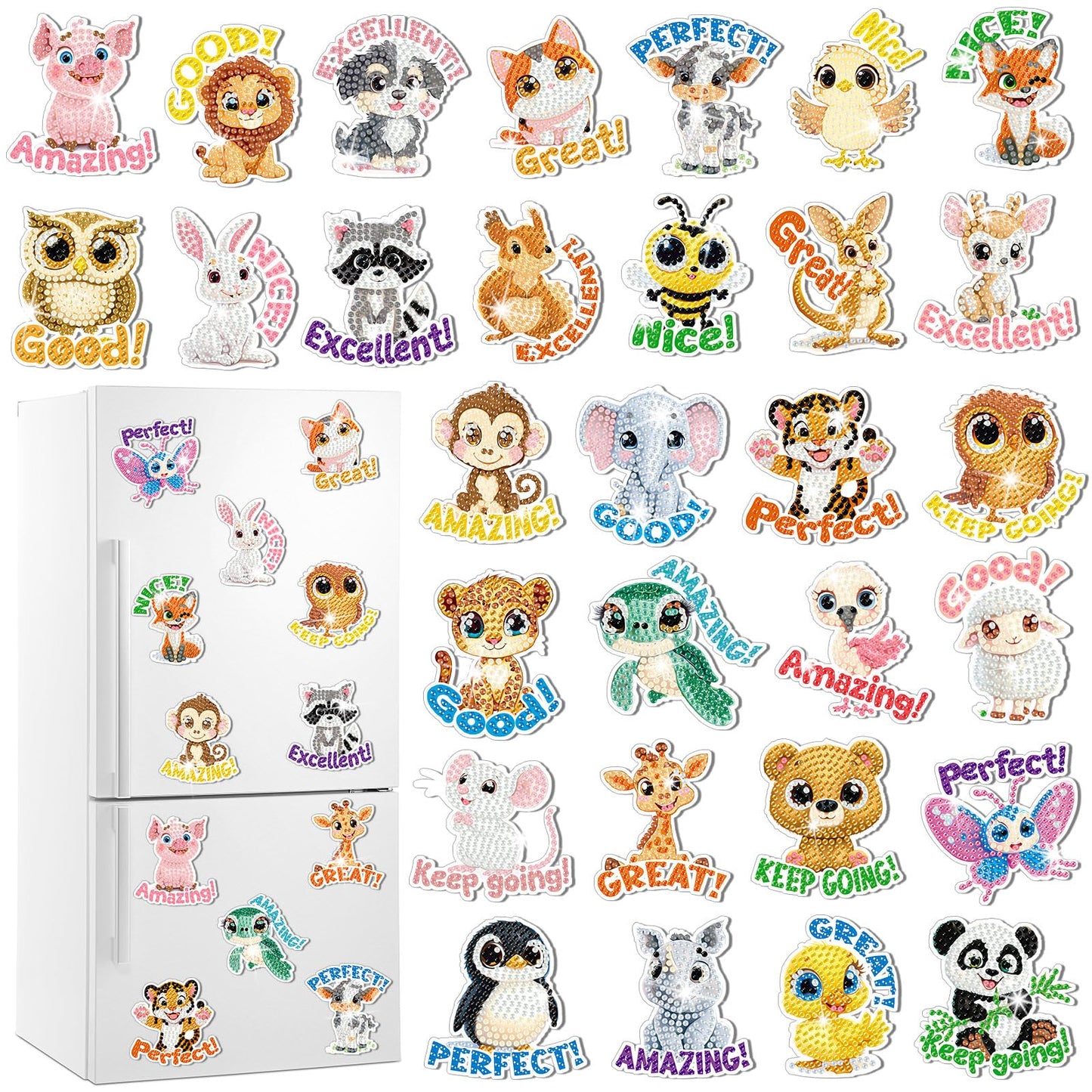 Xuhal 30 Pcs Inspirational Diamond Painting Magnets Motivational Animal Diamond Art Magnets Kits for Adults Positive Animal 5d Rhinestone Refrigerator Magnetic Sticker for DIY Craft Fridge Gifts