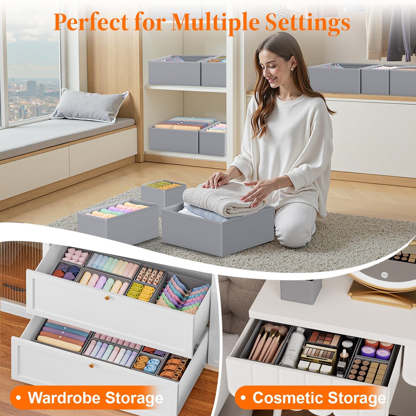 TasticTotes Drawer Organizer Clothes, 16 Pack Drawer Organizers and Underwear Organizer for Nursery, Dividers Clothes Organizer, Closet Organization and Foldable Storage Bins for Socks, Bra, Tie, Grey