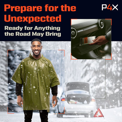PREPARED4X Emergency Poncho with Mylar Blanket Liner – Heavy Duty, Waterproof, Wind-Resistant Green Rain Poncho for Outdoors, Camping, and Car Emergency Kits - Thermal Poncho - 4 Pack (Green)