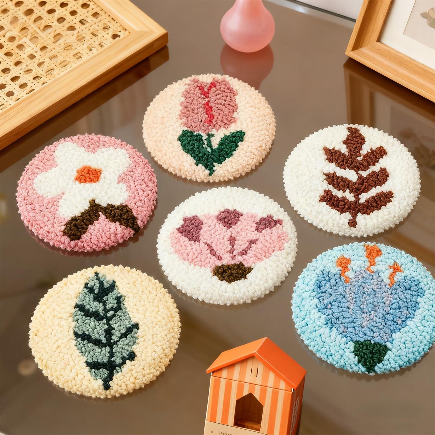 6 Pcs Punch Needle Coaster Kit for Adults Beginner, Plant Floral Punch Needle Embroidery Kit with Yarns, Hoop, Threader, Felt Cloths, Instruction, Coaster Making Supplies for Home Decor, Gift Making