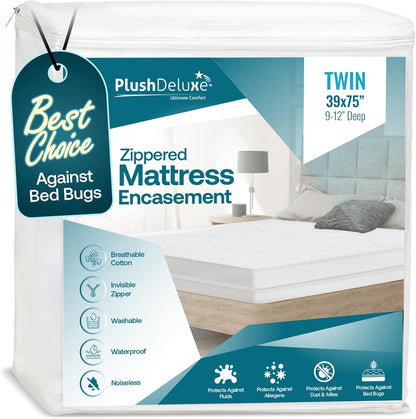 PlushDeluxe Waterproof Mattress Encasement - Soft Cotton Terry Surface | Fits 9"-12" Deep Twin 39x75