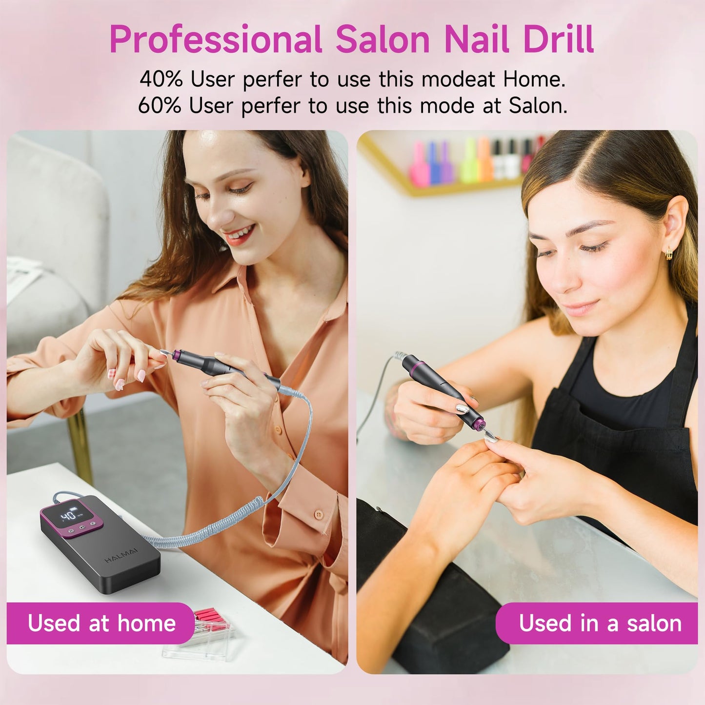 Electric Nail Drill Professional, Portable Nail File for Acrylic Gel Nails, Cordless Rechargeable Ultra Power Nail Drill Kit 40000RPM, HMC320 Salon-Grade Efile Nail Machine (Dark Grey)