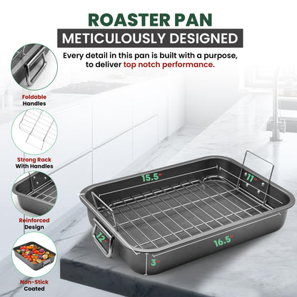 Large Roasting Pan With Rack 12” X 16” - Non Stick Large Roaster Pan and Flat Rack With Foldable Handles - Roasting Pans for Ovens to Elevate Food for Even Heating - Dishwasher Safe Turkey Roast Pot