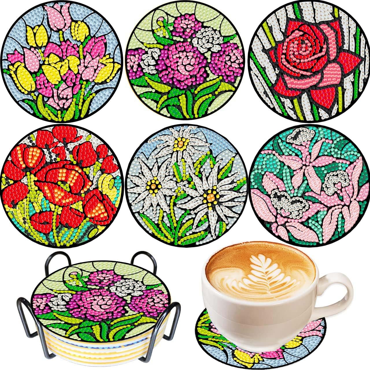 6 Pcs 5D DIY Beautiful Flowers Diamond Paintings Coasters with Holder for Adults Beginners, Round Full Drill Diamond Art Craft Supplies (Flowers QLBD-15)