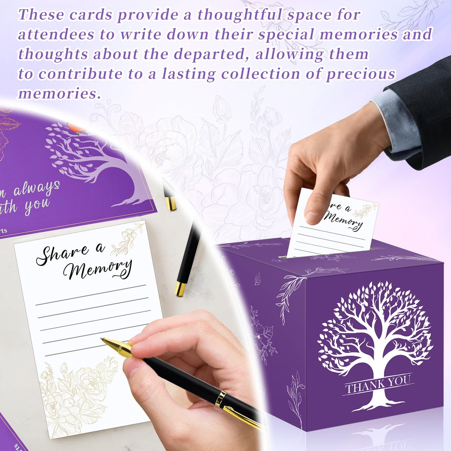 55 Pcs Funeral Supplies Funeral Guest Book for Memorial Service Included Pen Table Sign Cardinal Memorial Memory Cards Box with 50 Pcs Share a Memory Cards for Guest Funeral Farewell Party (Purple)