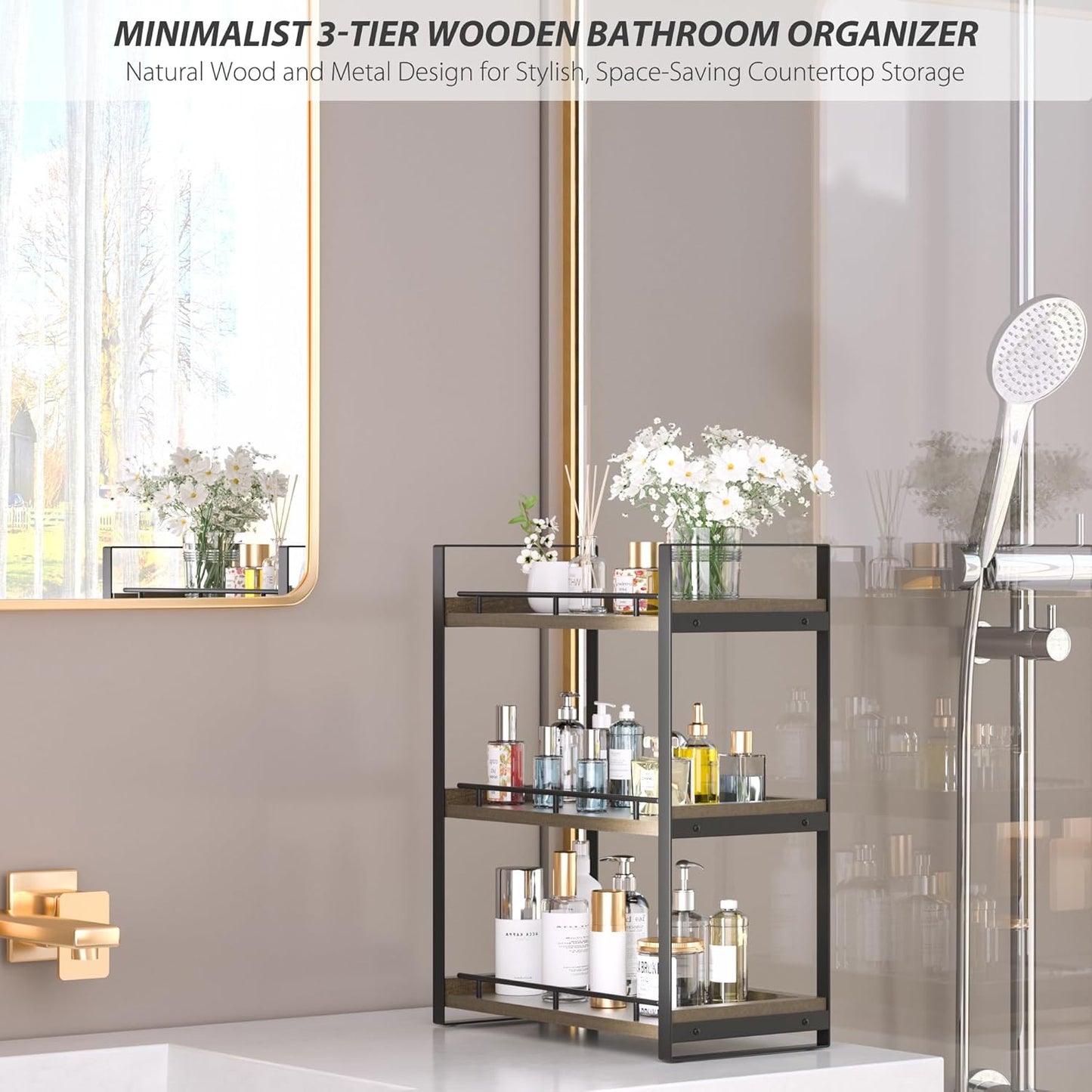 Counter 3 Countertop Bathroom Organizer, Tier Wood Shelf for Vanity, Skincare, Makeup, Kitchen Coffee and Sink Storage