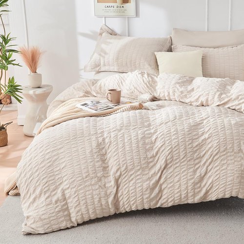 HYMOKEGE Queen Comforter Set - Beige Oversized 7-Piece Seersucker Luxury Bedding | All-Season Comforter, Sheets & Pillowcases