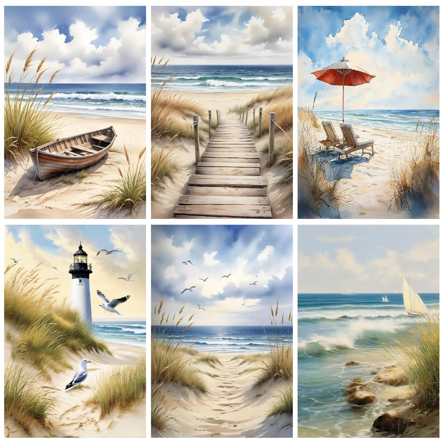 uuxsretaio 6 Pack Paint by Numbers Kits for Adults Beginners, Beach Paint by Number Kits on Canvas, DIY Acrylic Oil Painting Kits with Brushes for Home Wall Decor (8x12 inches Without Framed)