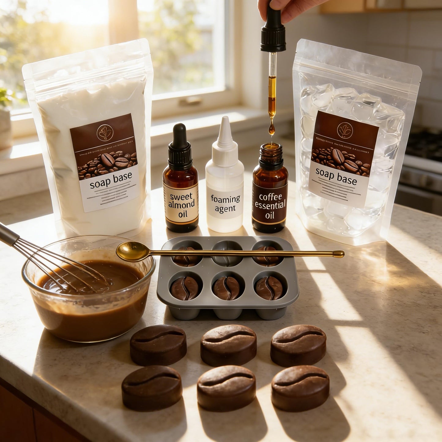 DIY Coffee Soap Making Kit for Beginners, Complete Handmade Craft Set with Coffeebean Molds, Soap Base, Foaming Agent, Sweet Almond Oil, Coffee Fragrance, Gift Ready