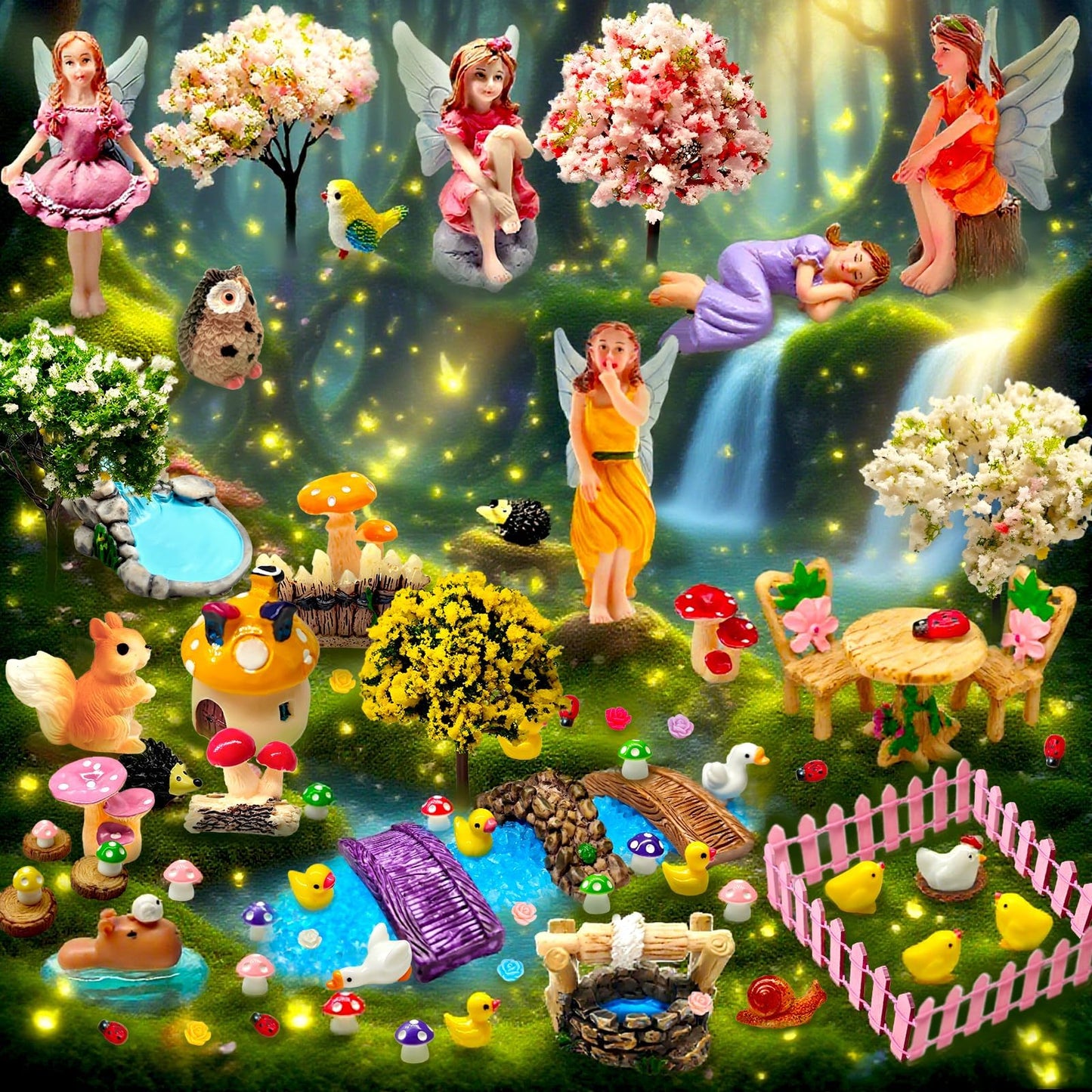 MTWENWENZY 114 Pcs Miniature Fairy Garden Accessories Kit Resin Elves Animal Figurines Decor Micro Landscape Ornaments for DIY Micro Dollhouse
