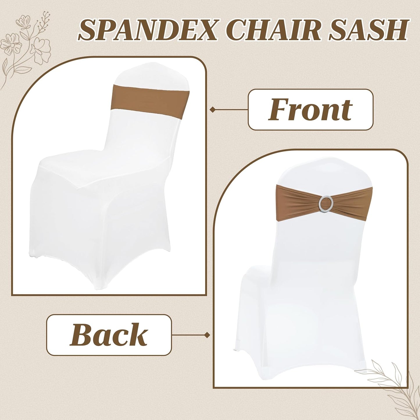 MDS Premium Spandex Chair Sashes - Stretchy Bow Covers with Buckle Slider | 50-Pack in Mocha for Weddings & Events
