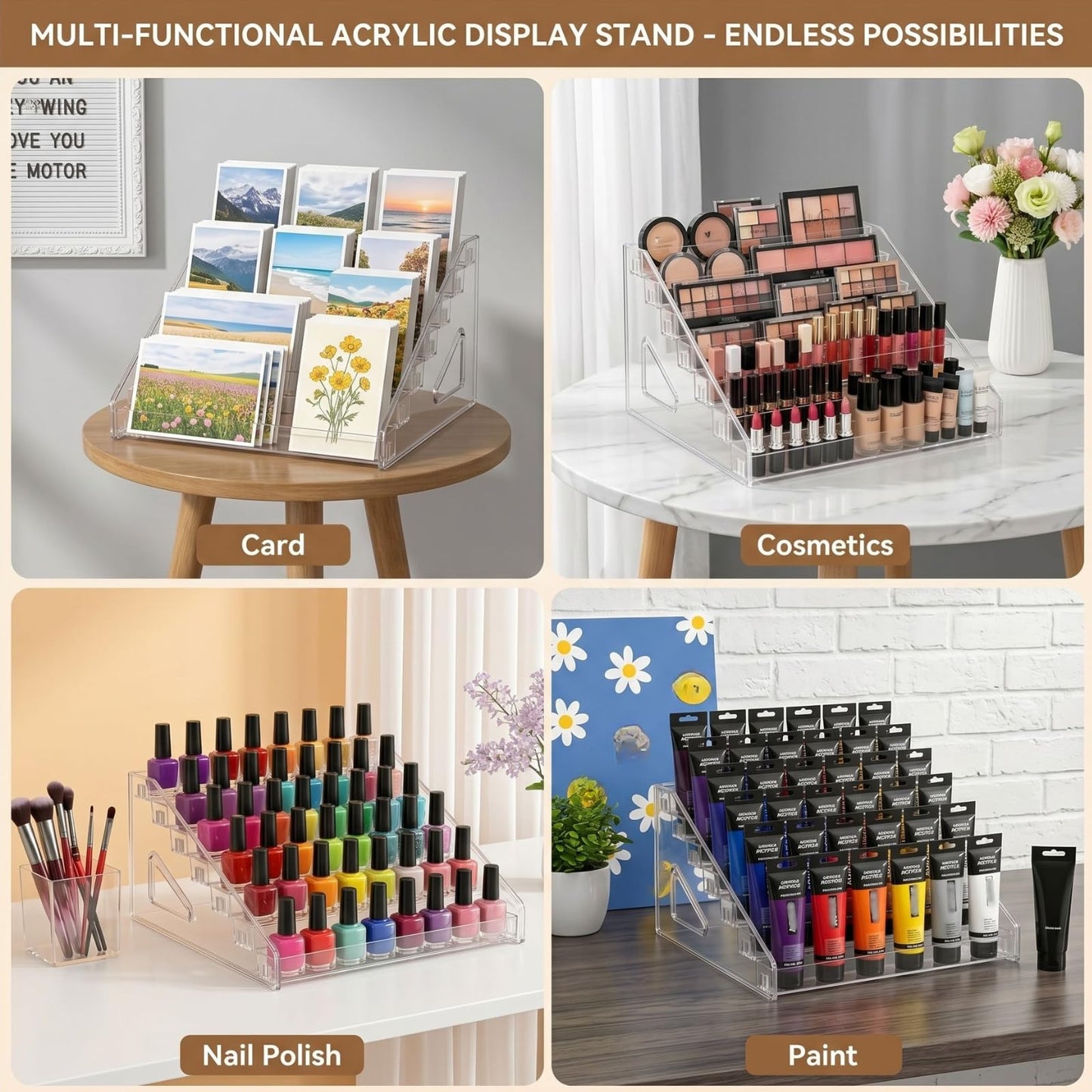 Cididu 7 Tier Acrylic Card Display Stand, Clear Versatile Display, Portable Paint Storage Rack with Brush Holder for Trading Cards, Sports Cards, Greeting Cards, Stickers, Cosmetic, Sunglasses