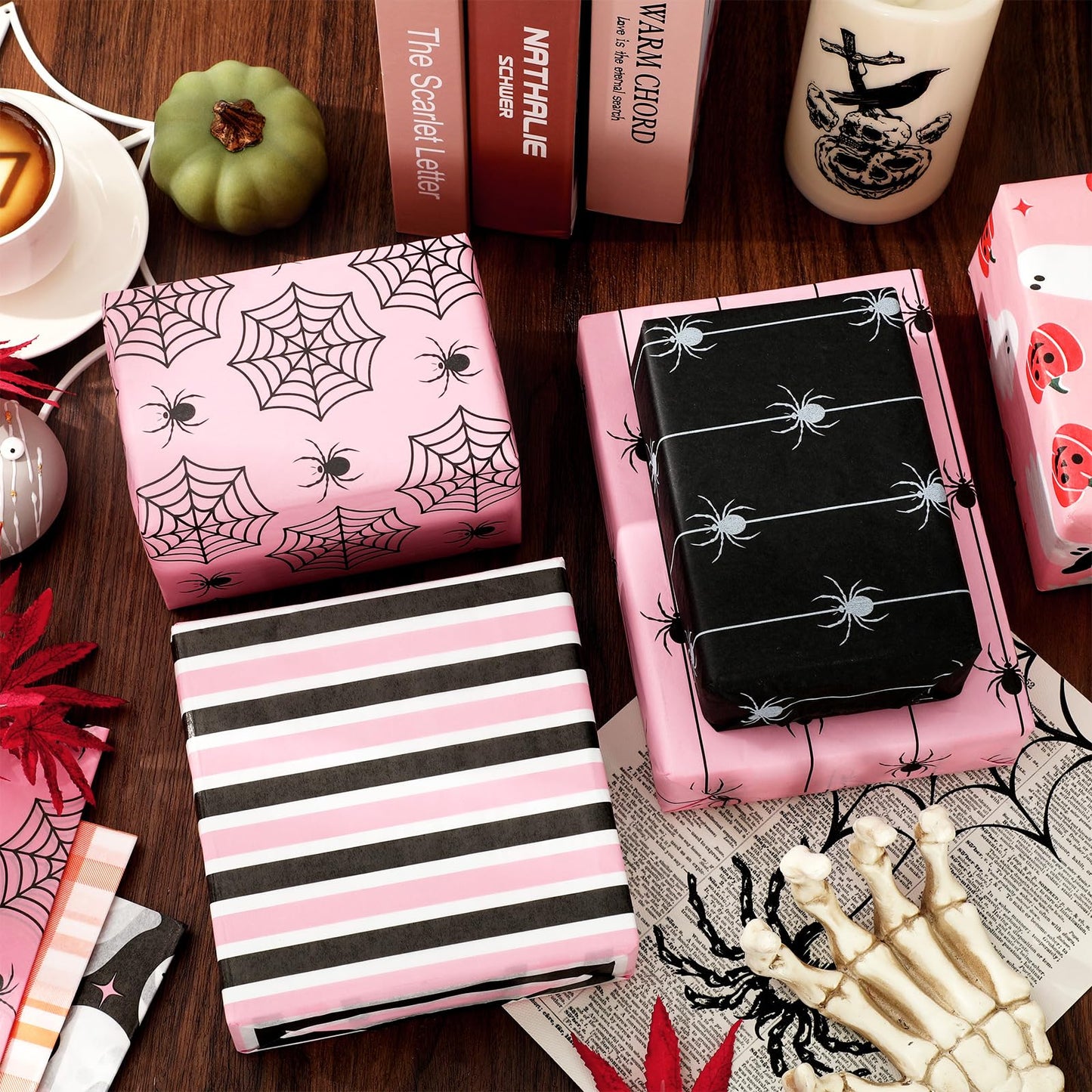 Whaline 105 Sheets Halloween Tissue Papers 7 Designs Pink Orange Black Wrapping Paper Ghost Pumpkin Spider Web Decorative Art Paper for DIY Crafts, 14 x 20 Inch