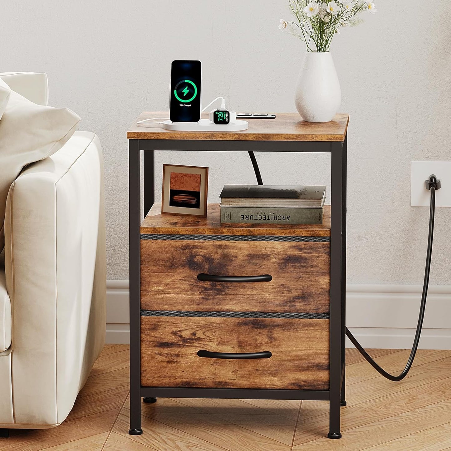 2 OLIXIS Nightstand with Charging Station, Bedside Table with USB Ports & Type-C, Fabric Drawers Night Stand with Open