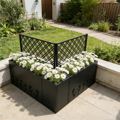 Pasirou 3-Piece Metal Planter Box wtih Trellis- Raised Garden Bed Set of 3 for Outdoor Indoor Use, Rust-Resistant Planter Box with Drainage Holes