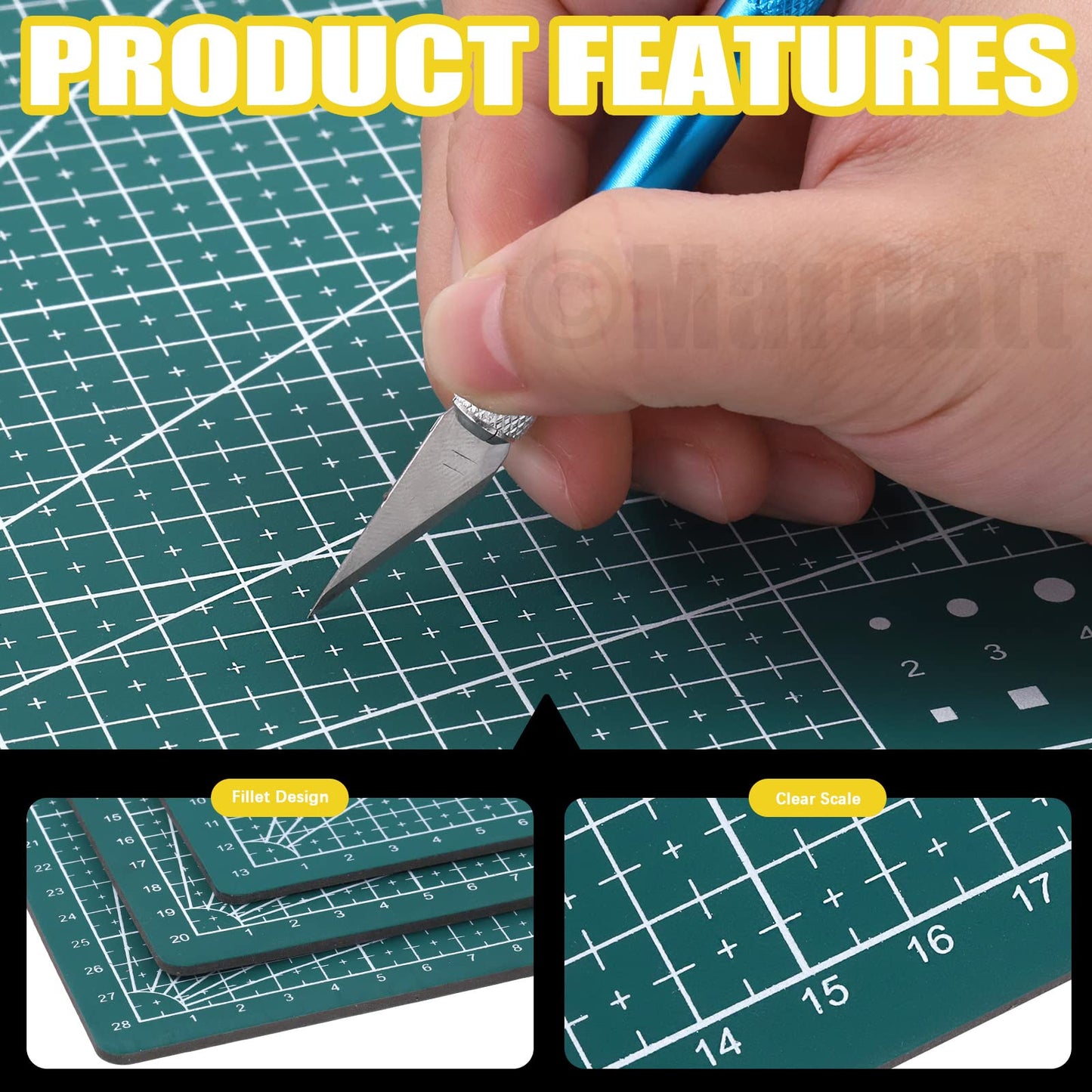 Mardatt 3Pcs A3 A4 A5 PVC Self Healing Cutting Mat with Precision Carving Knife, 5-Ply Double Sided Non-Slip Cutting Board Mat with Grid for Crafts Sewing Quilting Fabric（Green）