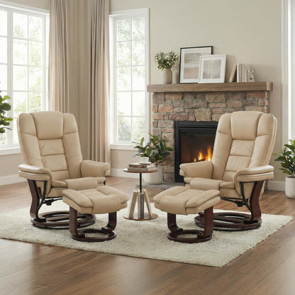 Argus Swivel Recliner with Ottoman, PU Leather & Wood Base Reclining Chair with Footrest, Ultra-Plush Double Foam for Living Room, Bedroom and Office, Set of 2