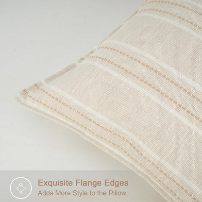 18X18 Set 2 Decorative Farmhouse Linen Throw Pillow Covers, Boho Textured Pillow Case of ,Beige with White & Brown
