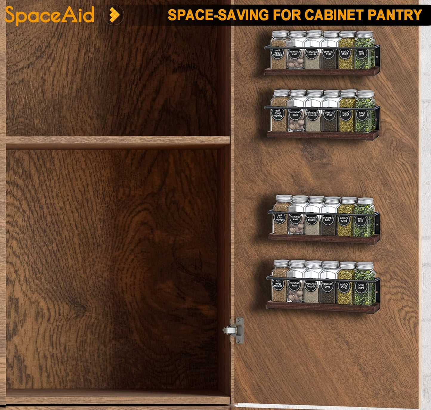24 386 (4 Pack) SpaceAid Spice Rack with Spice Jars, Spice Labels, Chalk Marker and Funnel, Wood Hanging Seasoning