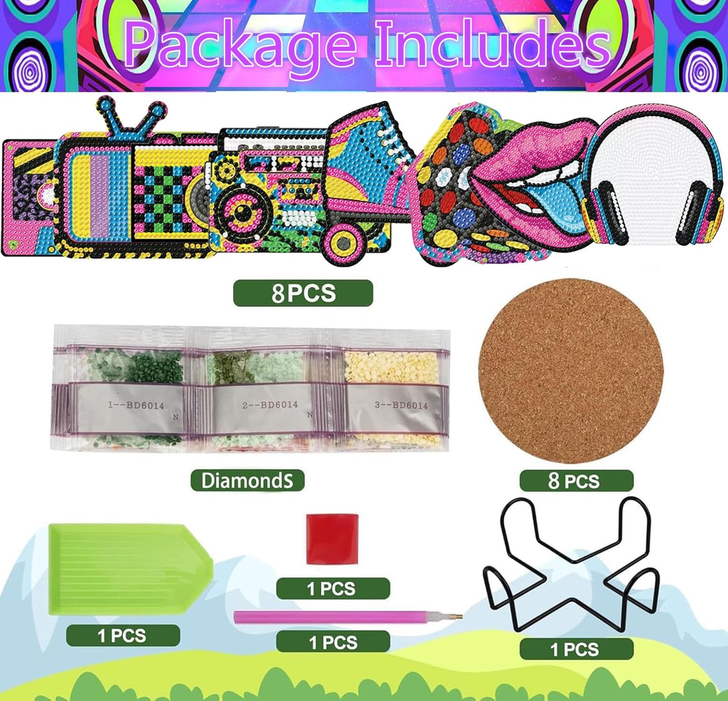 8Pcs 80s 90s Diamond Art Painting Coasters Kit with Holder Retro 1980s 1990s Hip Hop Throwback Gem Mosaics Arts Rhinestone Painting Coasters Crafts for Adults Handmade Gifts Home Decoration Supplies