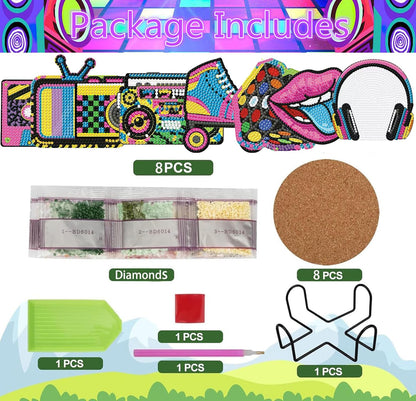 8Pcs 80s 90s Diamond Art Painting Coasters Kit with Holder Retro 1980s 1990s Hip Hop Throwback Gem Mosaics Arts Rhinestone Painting Coasters Crafts for Adults Handmade Gifts Home Decoration Supplies