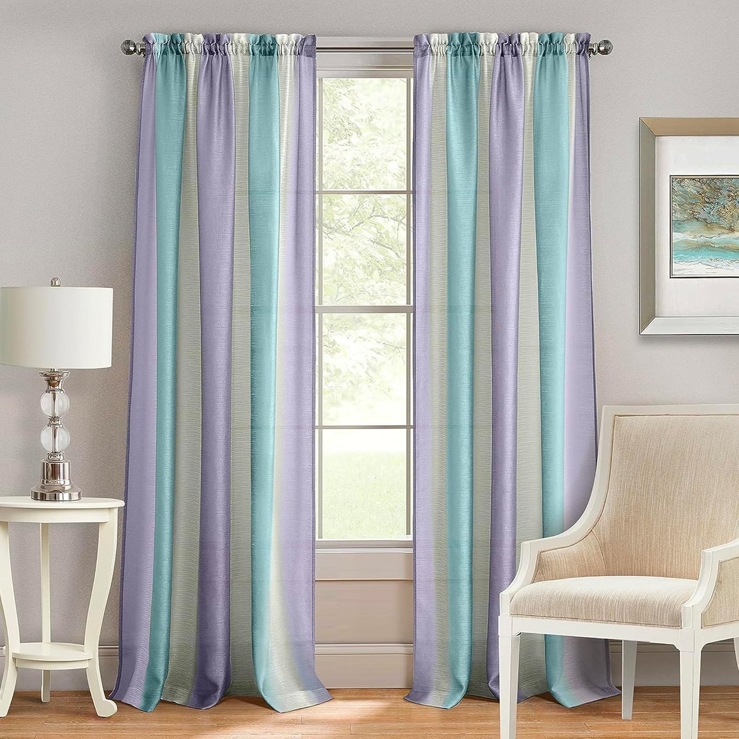 ACHIM Spectrum Rod Pocket Panel Window Curtain - 50 Inch Width, 63 Inch Length, Lilac/Turquoise, Semi-Sheer Polyester