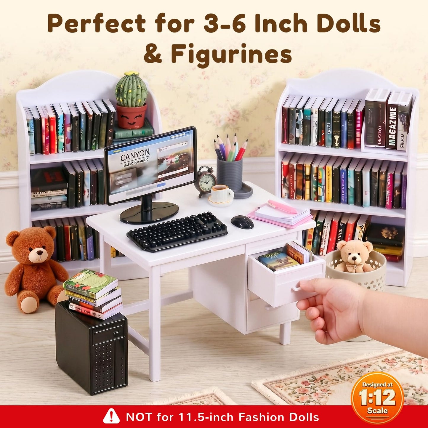 1:12 Scale Mini Desk Set with 100 Mini Books & 2 Bookshelves — Miniature Dollhouse Furniture Set with Office Chair, Computer & 15+ Accessories — Mini Desk Accessories for Doll House Diorama
