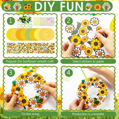 Hollowfly 48 Sets Sunflower Craft Kits DIY Spring Wreath Hanging Ornaments Make Your Own Paper Summer Craft with Bee Daisy Stickers for Home Summer Activities Party Decor