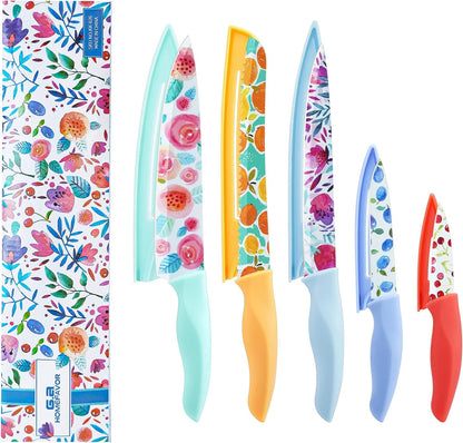 G.a HOMEFAVOR 5-Piece Kitchen Knife Set, Nonstick Coated with 5 Blade Guards, Multicolored