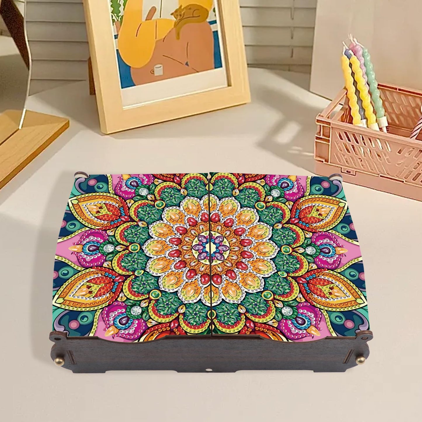 MVVMTOP Diamond Art Painting Kit Wooden Storage Box, Mandala Pattern DIY Special Shaped Diamond Flip Cover Wooden Money Box, Handmade Art Desktop Decorations Birthday Gifts for Friends