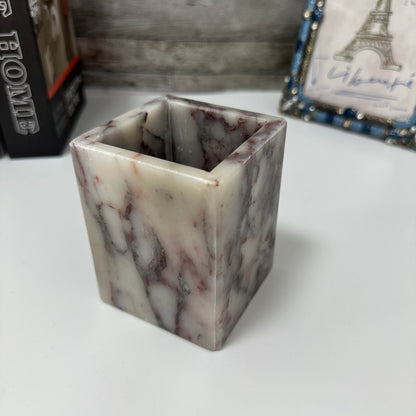 KEBTN Natural Calacatta Viola Marble Pen Holder, Luxury Square Organizer Cup, Multi-Use Hand-Polished Storage for Desk, Bathroom Vanity, Kitchen Utensils & Makeup Brushes, 2.95” x 3.74”