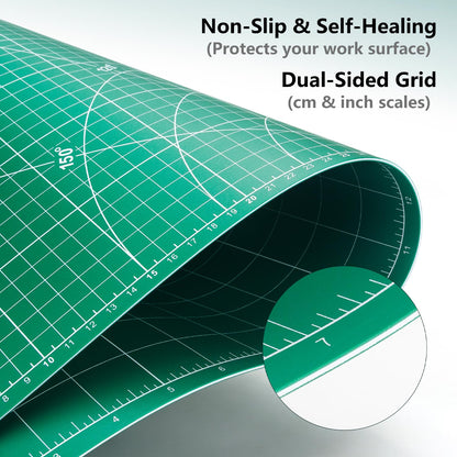 ArtAt Self Healing Cutting Mat: 18″x 24″ Green Double Sided, Non-Slip 5 Layers PVC Durable A2 Sewing Craft Mat for Rotary Cutter, Use for Quilting, Scrapbooking and Craft & Art Projects…