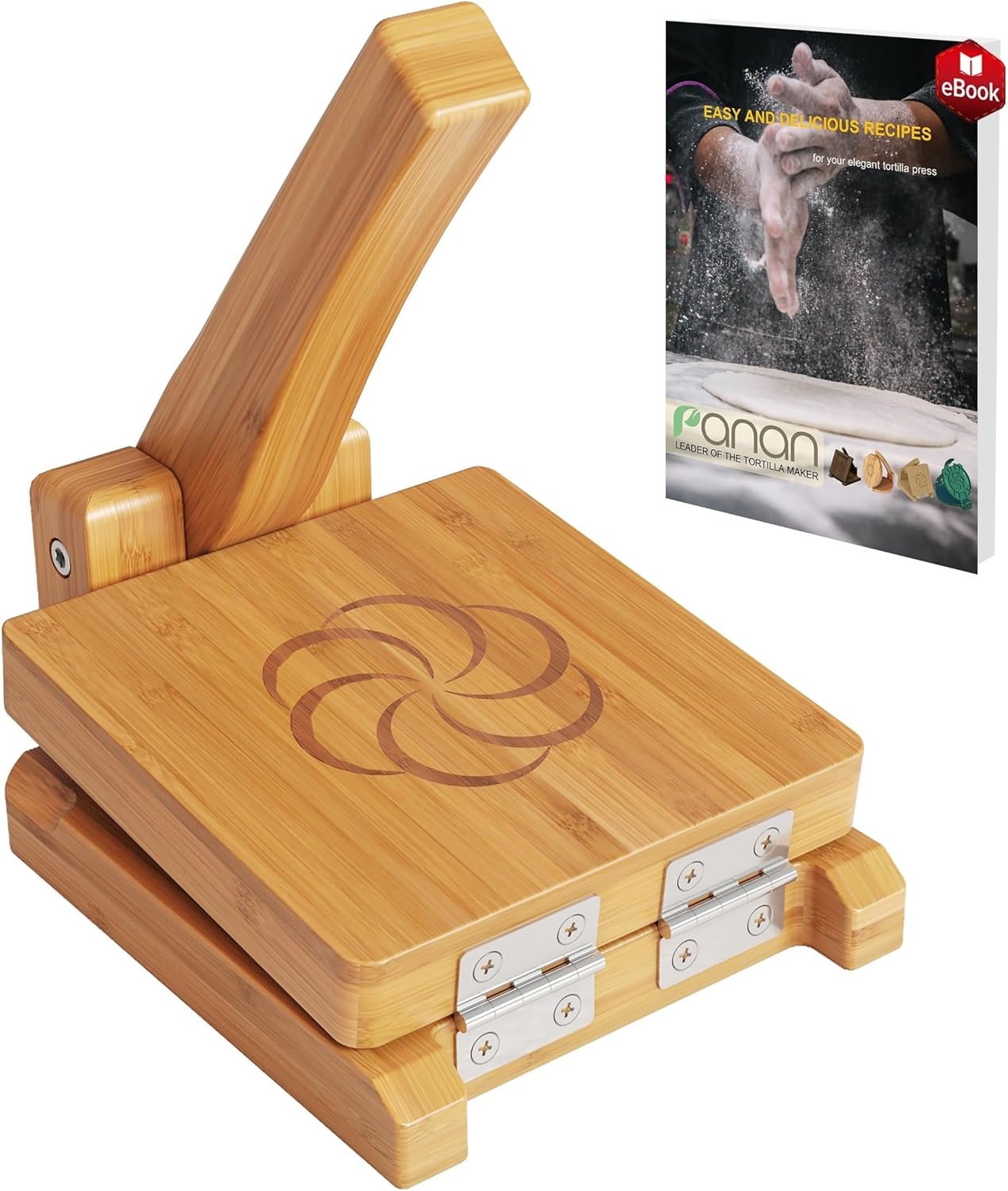 Wooden Tortilla Press, Mexican Tortillera Presser Made from Natural Bamboo Wood with Recipes eBook (Square 6")
